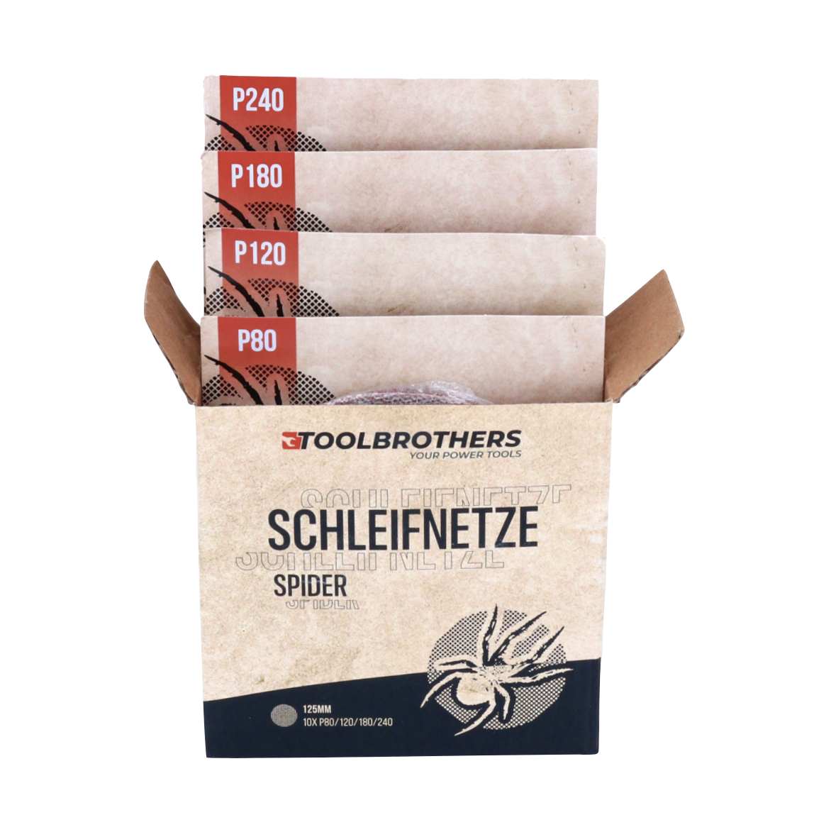 Box mit Schleifnetze Spider Schleifpapier. Die Box ist geöffnet und zeigt die Schleifpapierkörnungen P80, P120, P180 und P240.