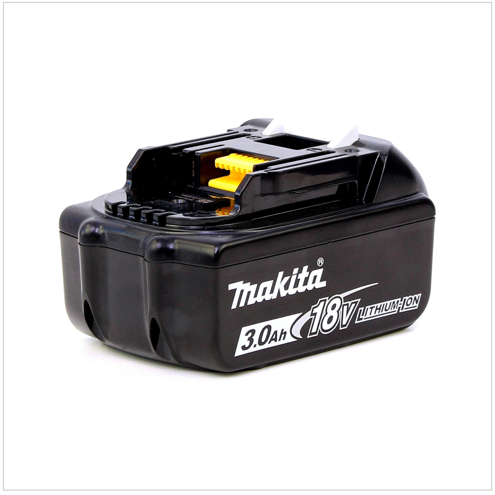 Ein schwarzer Makita 18V Lithium-Ionen-Akku. Er hat eine gelbe Komponente. Der Akku befindet sich auf einer weißen Oberfläche und zeigt das Makita-Logo.