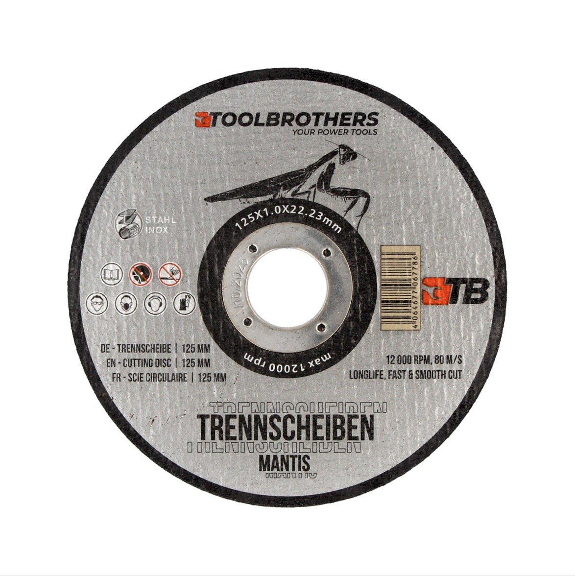 Eine kreisförmige Trennscheibe mit der Marke Toolbrothers, einem Mantis-Bild und Text, der ihre Spezifikationen angibt.