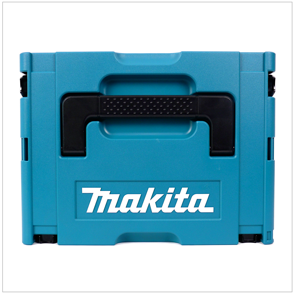 Eine türkisfarbene Makita-Werkzeugkiste mit schwarzem Griff und Logo unten. Der Hintergrund ist weiß.