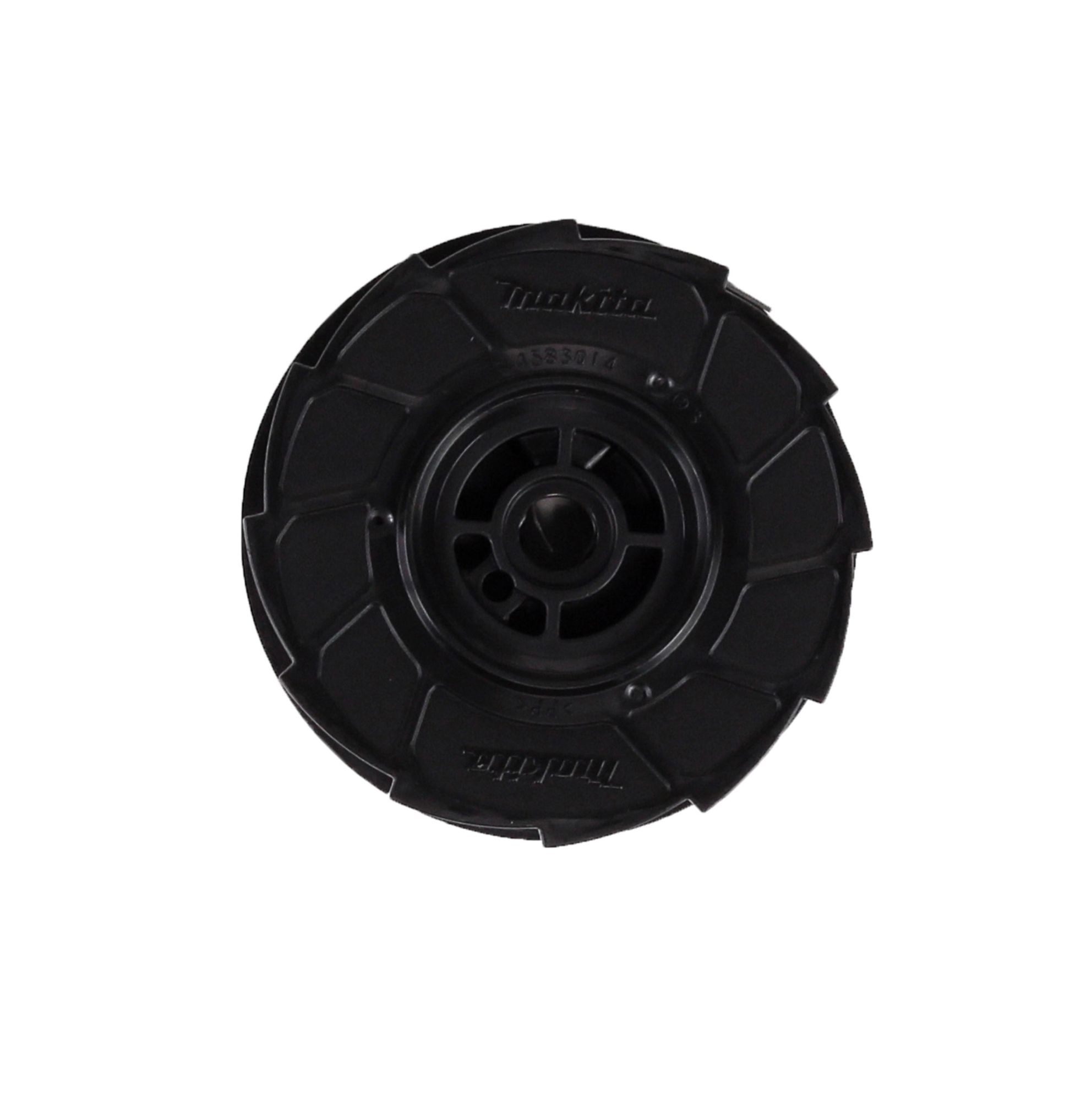Eine schwarze Makita-Spule mit sichtbarem Markennamen und Produktnummer. Die Spule ist kreisförmig mit einem zentralen Loch.