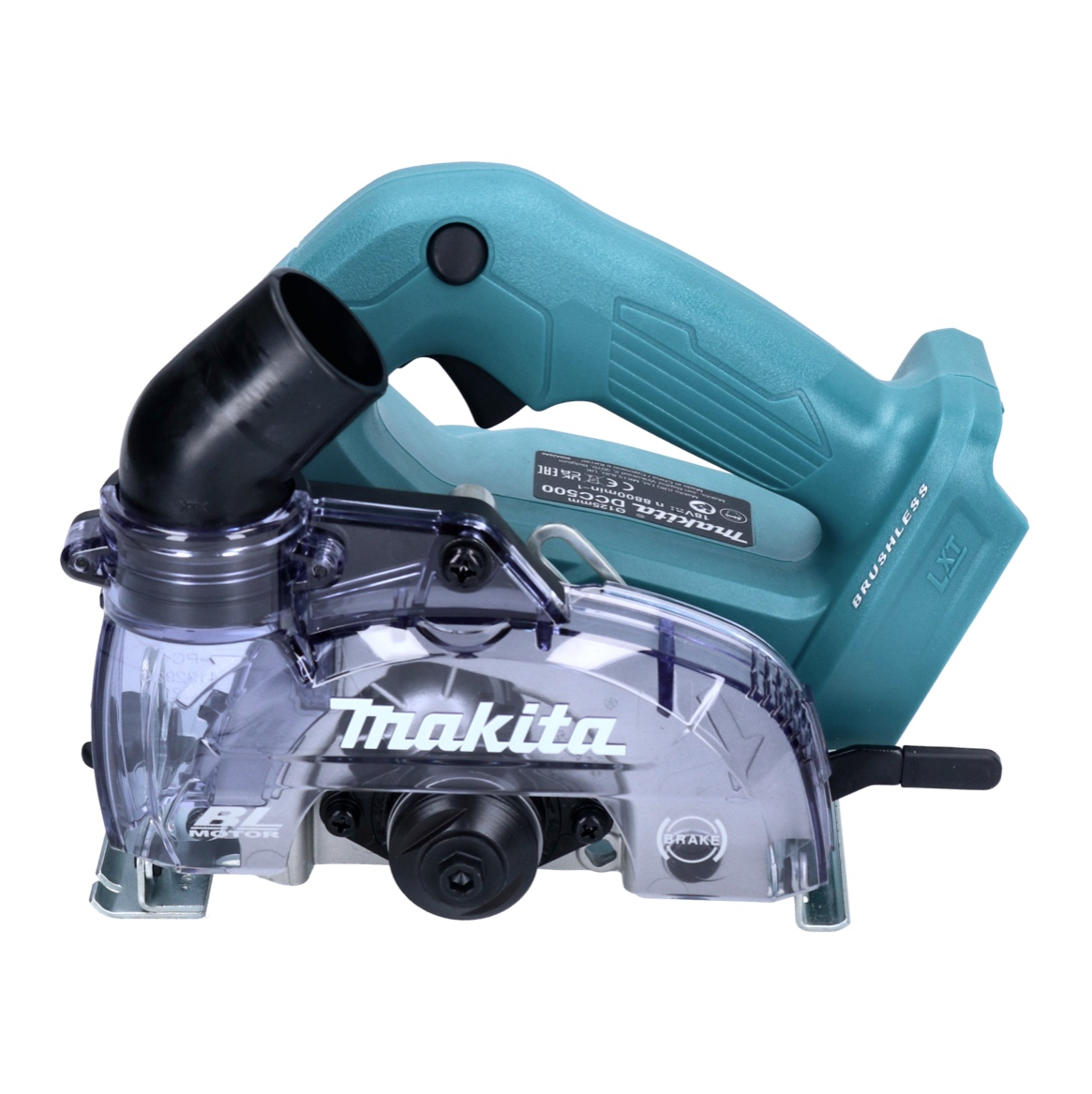 Ein Makita DC500 Elektrowerkzeug mit tealfarbenem Griff und transparentem Klingenschutz. Ein schwarzes Rohr ist angebracht.