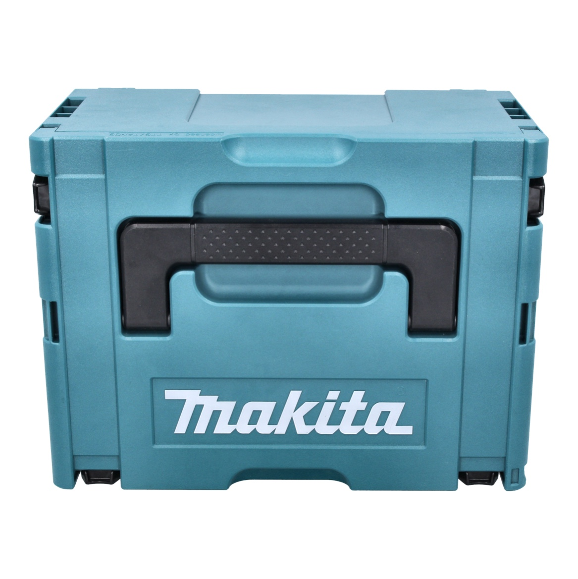 Eine türkisfarbene Makita-Werkzeugbox mit schwarzem Griff und Logo. Die Box ist rechteckig und hat eine leicht strukturierte Oberfläche.