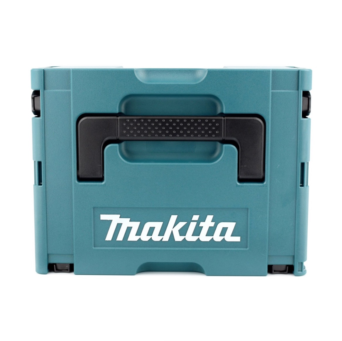 Eine türkisfarbene Makita-Werkzeugbox mit schwarzem Griff und dem weißen Makita-Logo. Sie befindet sich auf weißem Hintergrund.