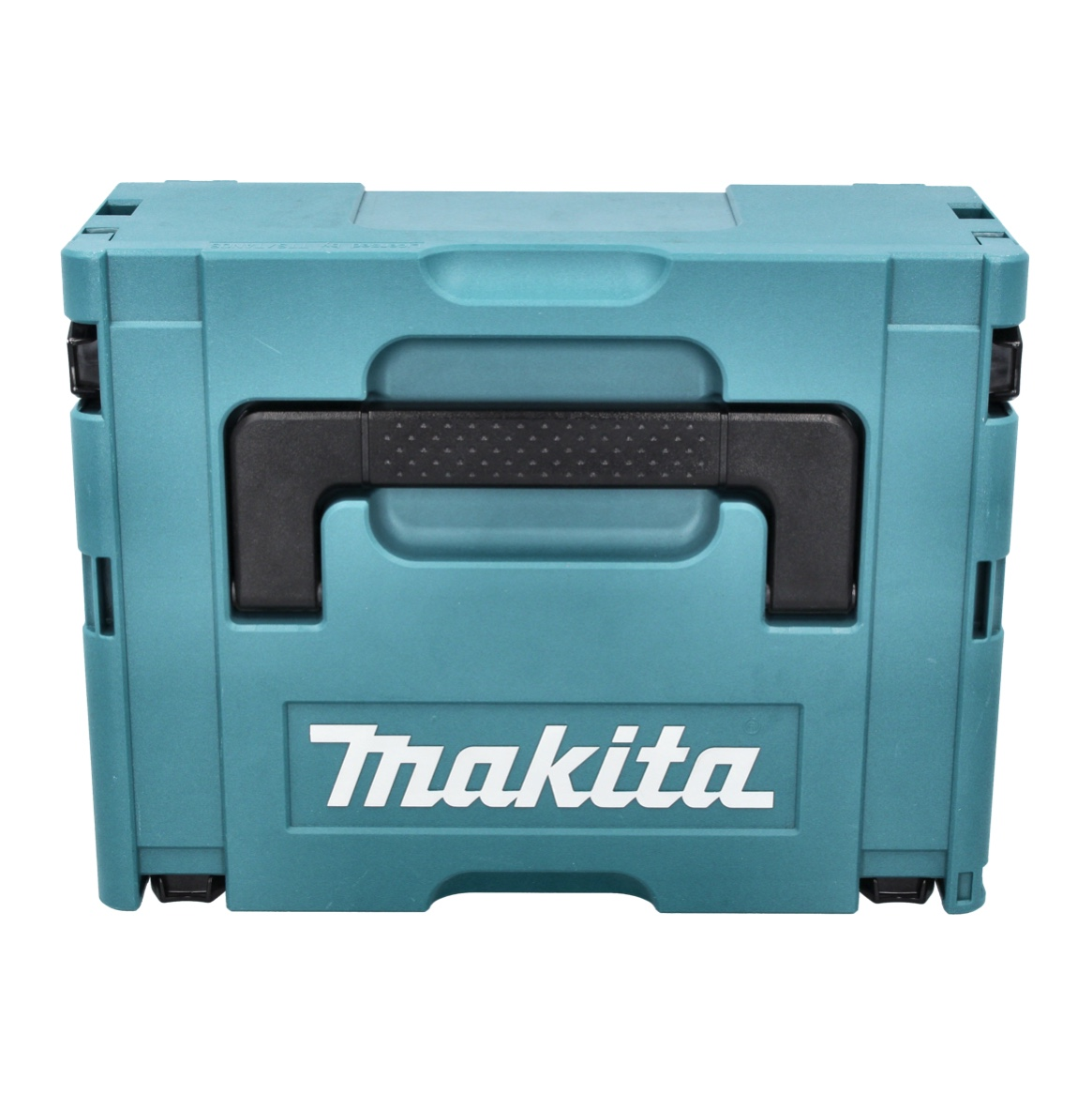 Eine türkisfarbene Makita-Werkzeugkiste mit schwarzem Griff. Das Makita-Logo ist gut sichtbar in Weiß dargestellt.