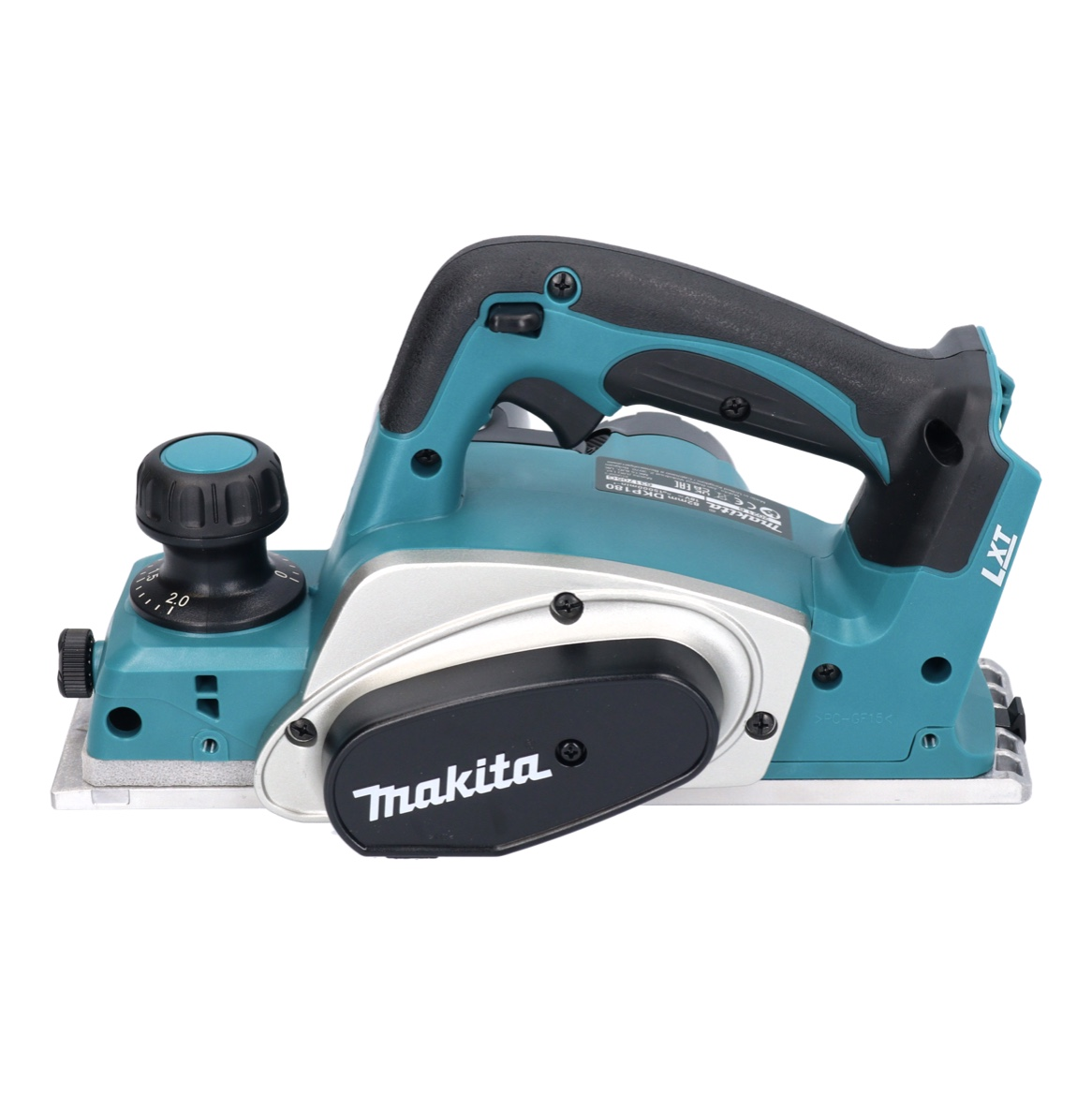 Ein elektrischer Hobel von Makita. Er ist türkis und silber. Der Griff ist schwarz. Das Modell ist DKP180. Die Klinge ist unten.