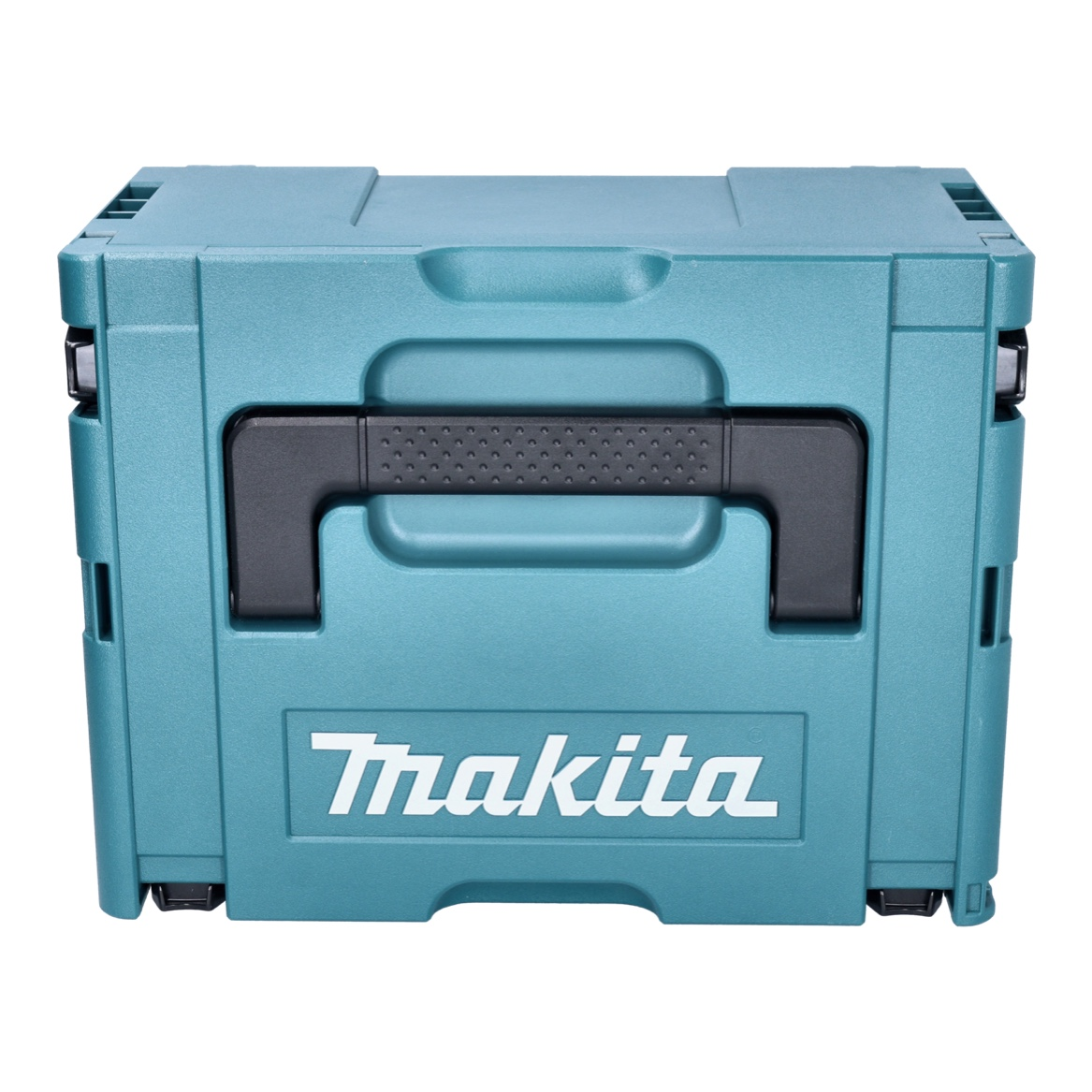 Eine türkisfarbene Makita-Werkzeugkiste mit schwarzem Griff und dem Makita-Logo auf weißem Hintergrund.