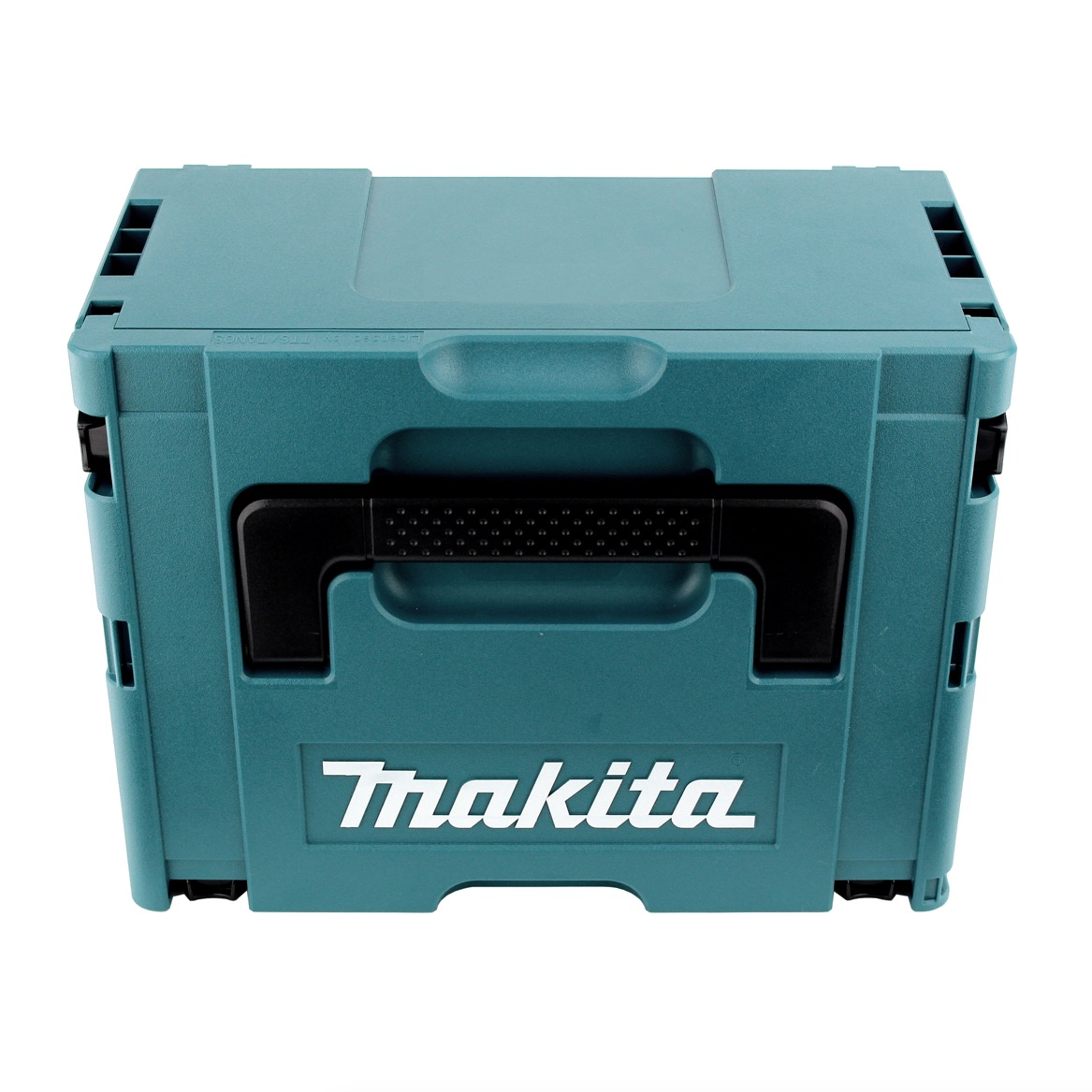 Eine türkisfarbene Makita-Werkzeugkiste mit schwarzem Griff. Das Makita-Logo ist weiß. Der Hintergrund ist weiß.
