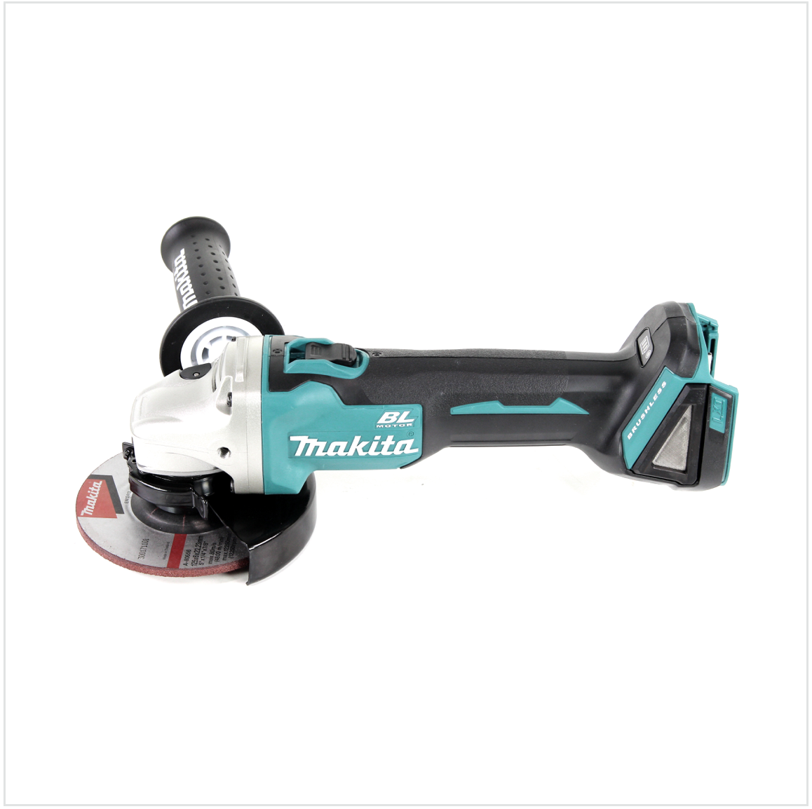 Ein Makita-Winkelschleifer befindet sich auf weißem Hintergrund. Es hat einen schwarzen und teal-farbenen Körper, eine rote Schleifscheibe und einen schwarzen Griff.