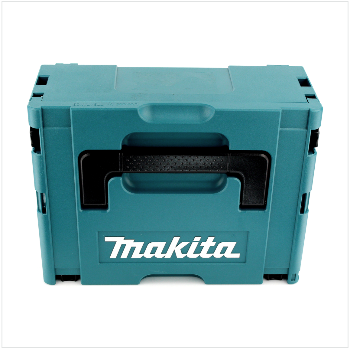 Eine türkisfarbene Makita-Werkzeugkiste steht im Mittelpunkt auf weißem Grund. Die Werkzeugkiste hat einen schwarzen Griff und das Makita-Logo in Weiß.