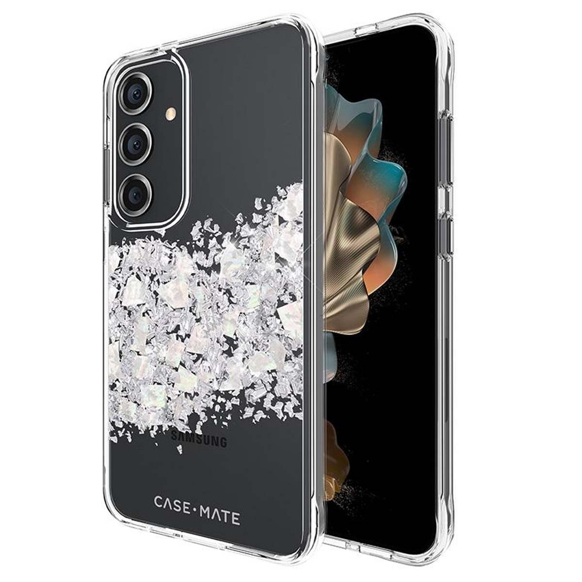 Una custodia trasparente per telefono con glitter argentati. All'interno c'è un telefono Samsung e la custodia è etichettata 'CASE•MATE'.