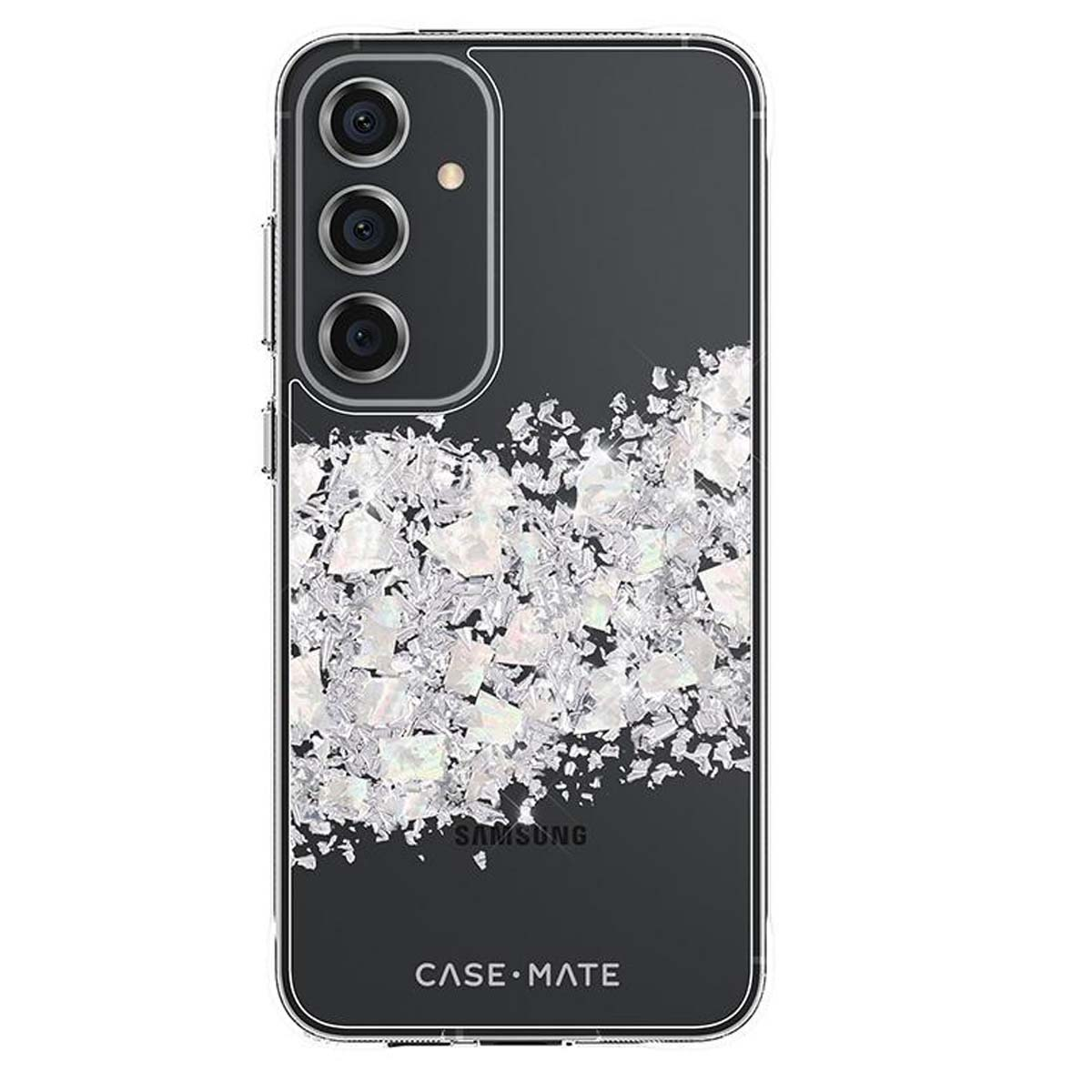 Una custodia per smartphone con un design glitterato argentato. Presenta un rigonfiamento della fotocamera, il logo Samsung e il marchio Case Mate.