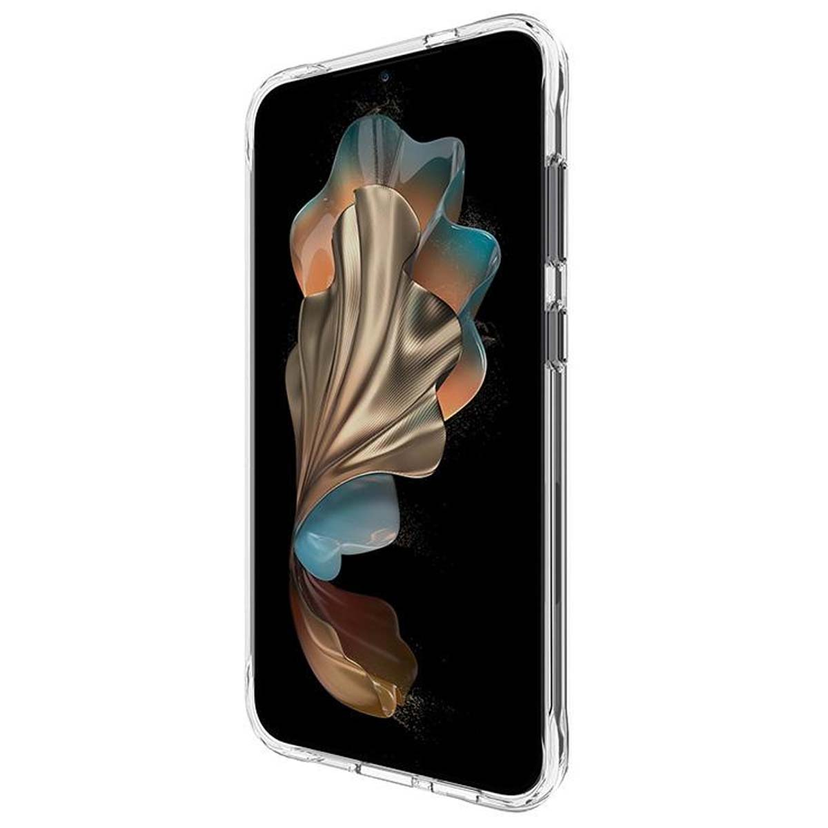 Una custodia trasparente per telefono con uno schermo nero che mostra un design astratto colorato. La custodia è leggermente inclinata.