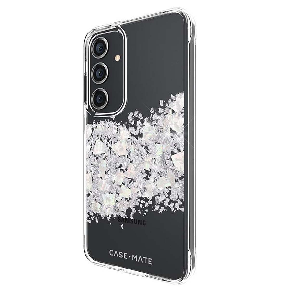 Una custodia per telefono con glitter e sfondo nero. Samsung e Case-Mate sono stampati in basso. La custodia ha un bordo trasparente.