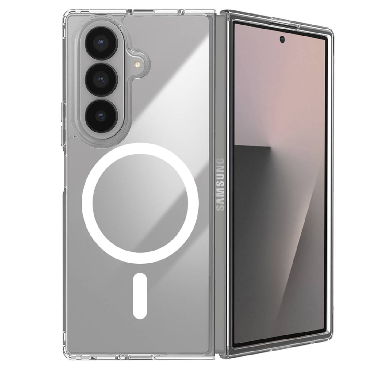 Custodia trasparente con anello bianco e segno meno, che copre un telefono pieghevole Samsung. Il telefono è parzialmente aperto.