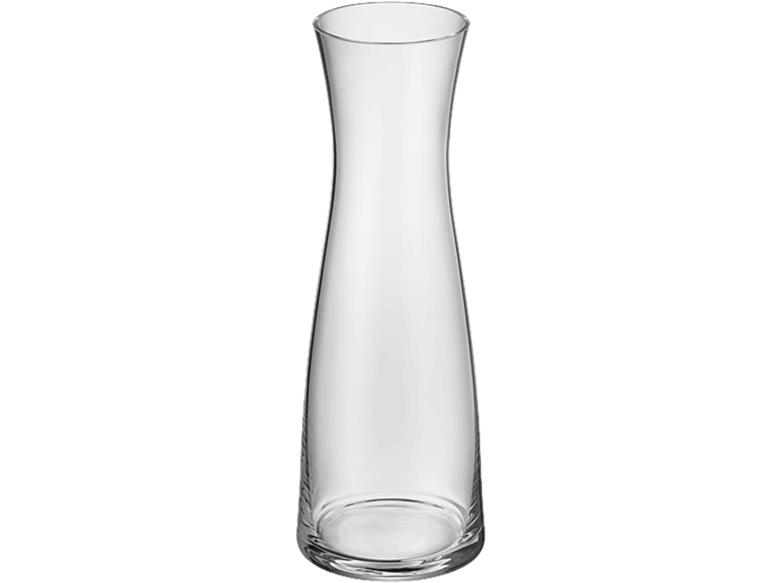 Eine klare Glasvase steht vor schwarzem Hintergrund. Die Vase ist hoch, schlank und am oberen Rand leicht ausgestellt.