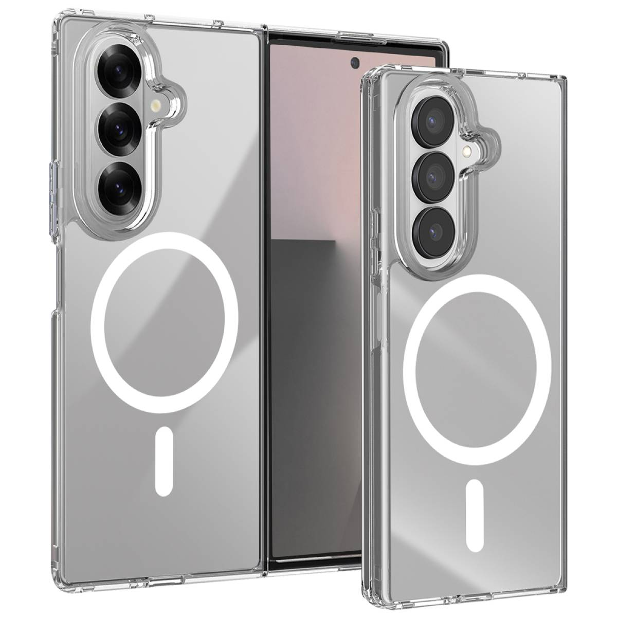 Sono esposte tre custodie trasparenti per telefono con obiettivi della fotocamera integrati. Ogni custodia ha un cerchio bianco e un segno meno.