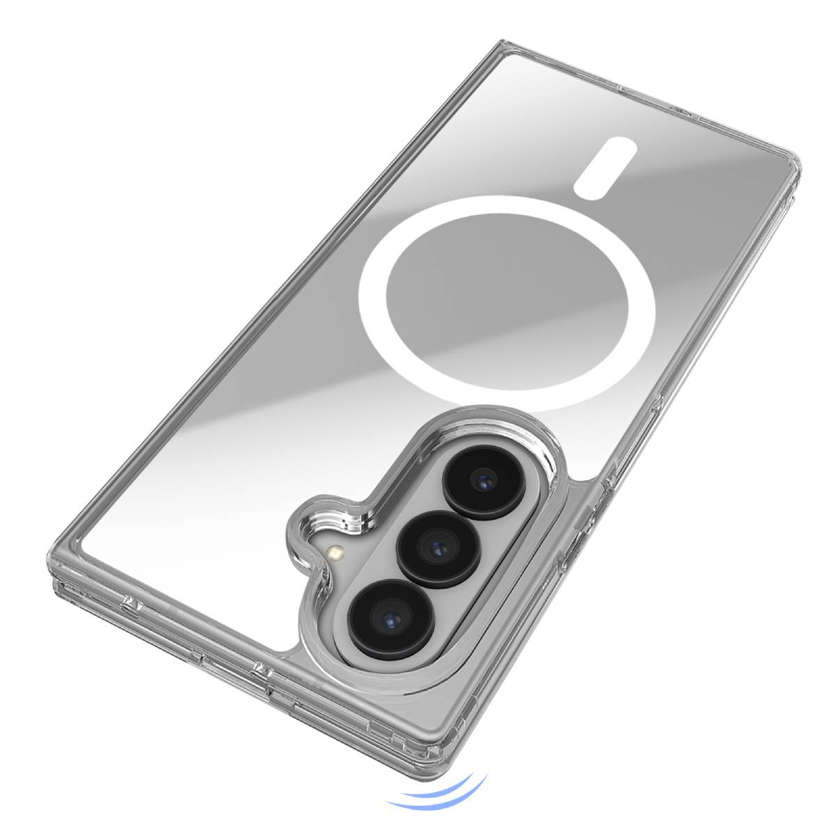 Una custodia trasparente per telefono con un ritaglio per la fotocamera. La custodia ha un cerchio bianco e una linea orizzontale. Le lenti della fotocamera sono visibili.