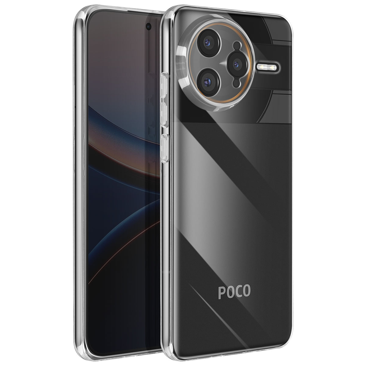 Una custodia trasparente per telefono con un telefono all'interno. Il telefono ha uno schermo nero e una tripla fotocamera. Il logo Poco è visibile.