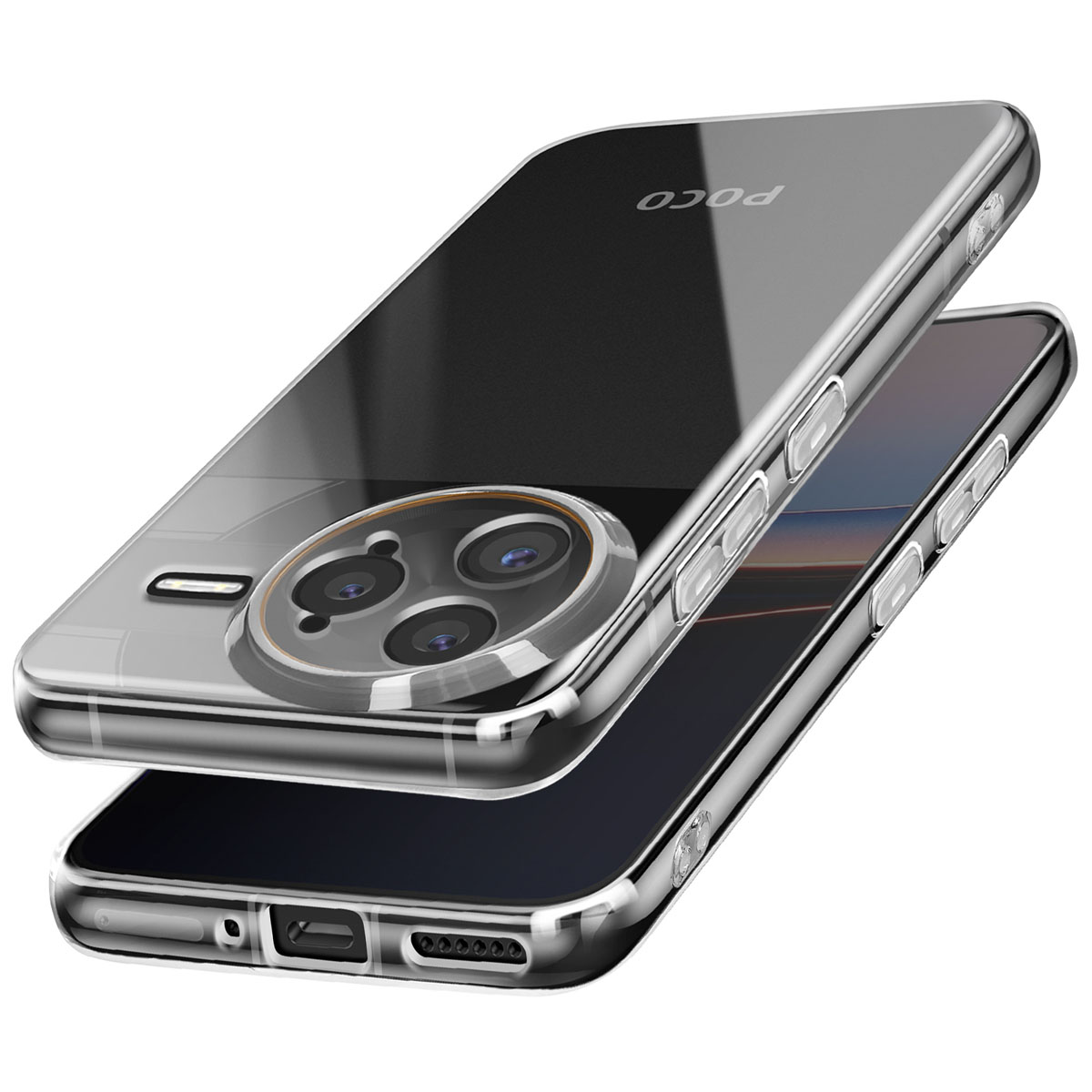Due custodie trasparenti per telefono, una leggermente sopra l'altra. La custodia superiore ha la parola 'poco'. Obiettivi della fotocamera visibili.