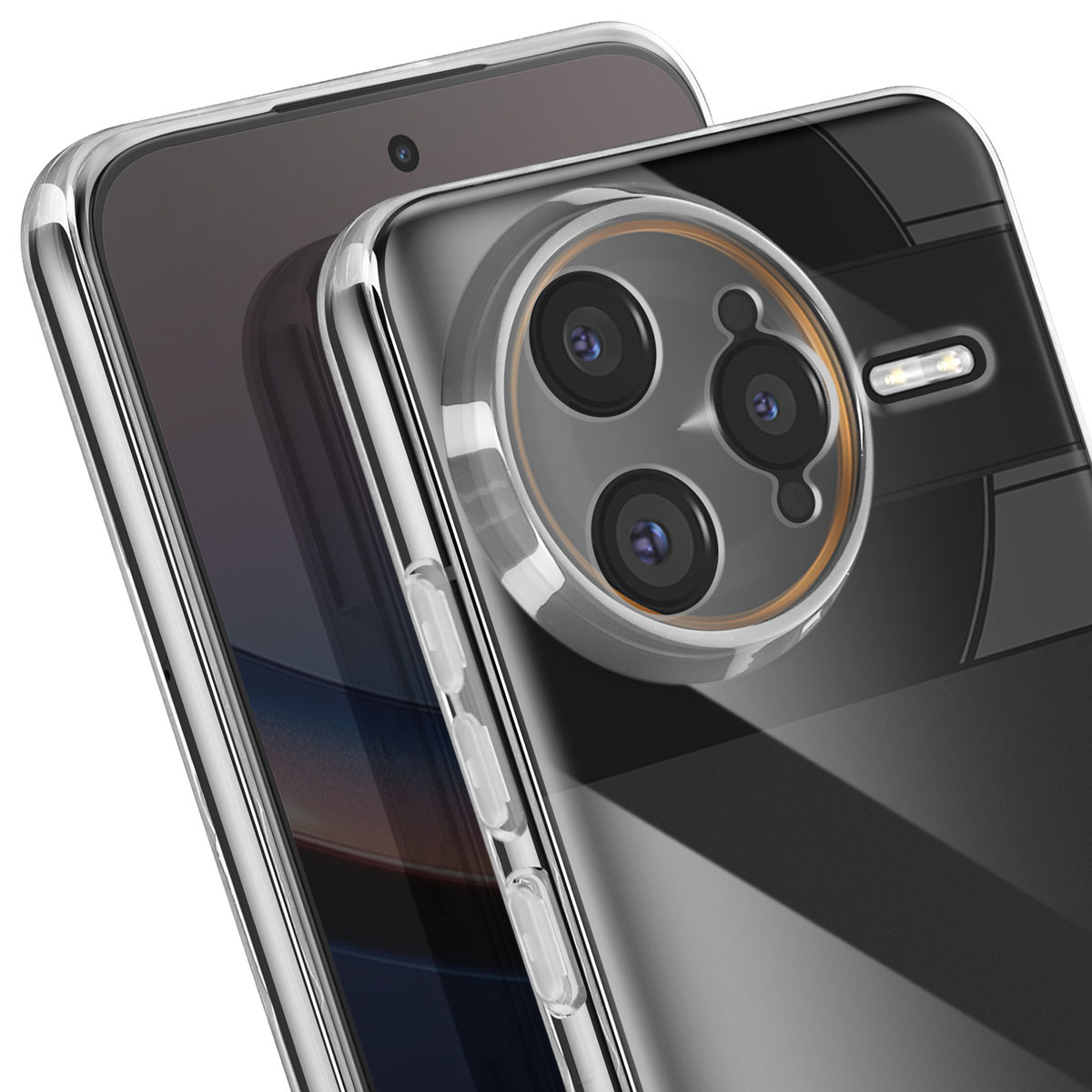 Una custodia trasparente per telefono su uno smartphone nero. La custodia ha un rialzo della fotocamera con tre obiettivi e un flash.