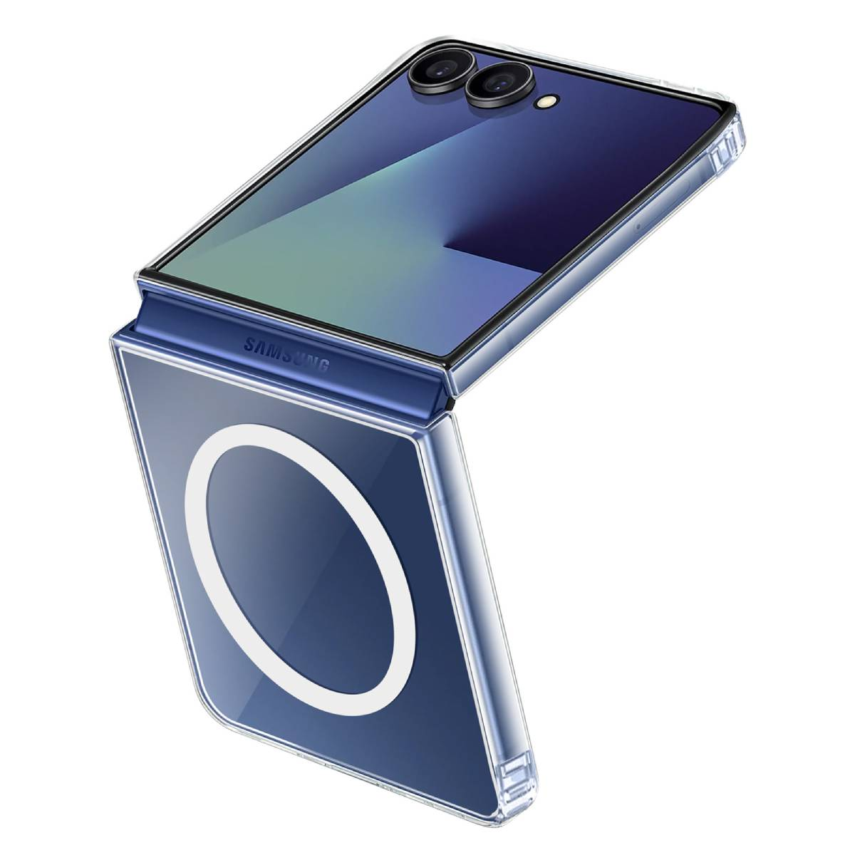 Faltbares Telefon in einer transparenten Hülle. Das Telefon ist blau mit einem weißen Kreisdesign. Die Hülle hat ein Samsung-Logo.