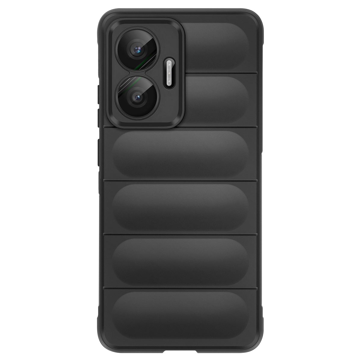 Una custodia nera per telefono con un rigonfiamento della fotocamera. La custodia ha un motivo trapuntato. Sono visibili due obiettivi della fotocamera.
