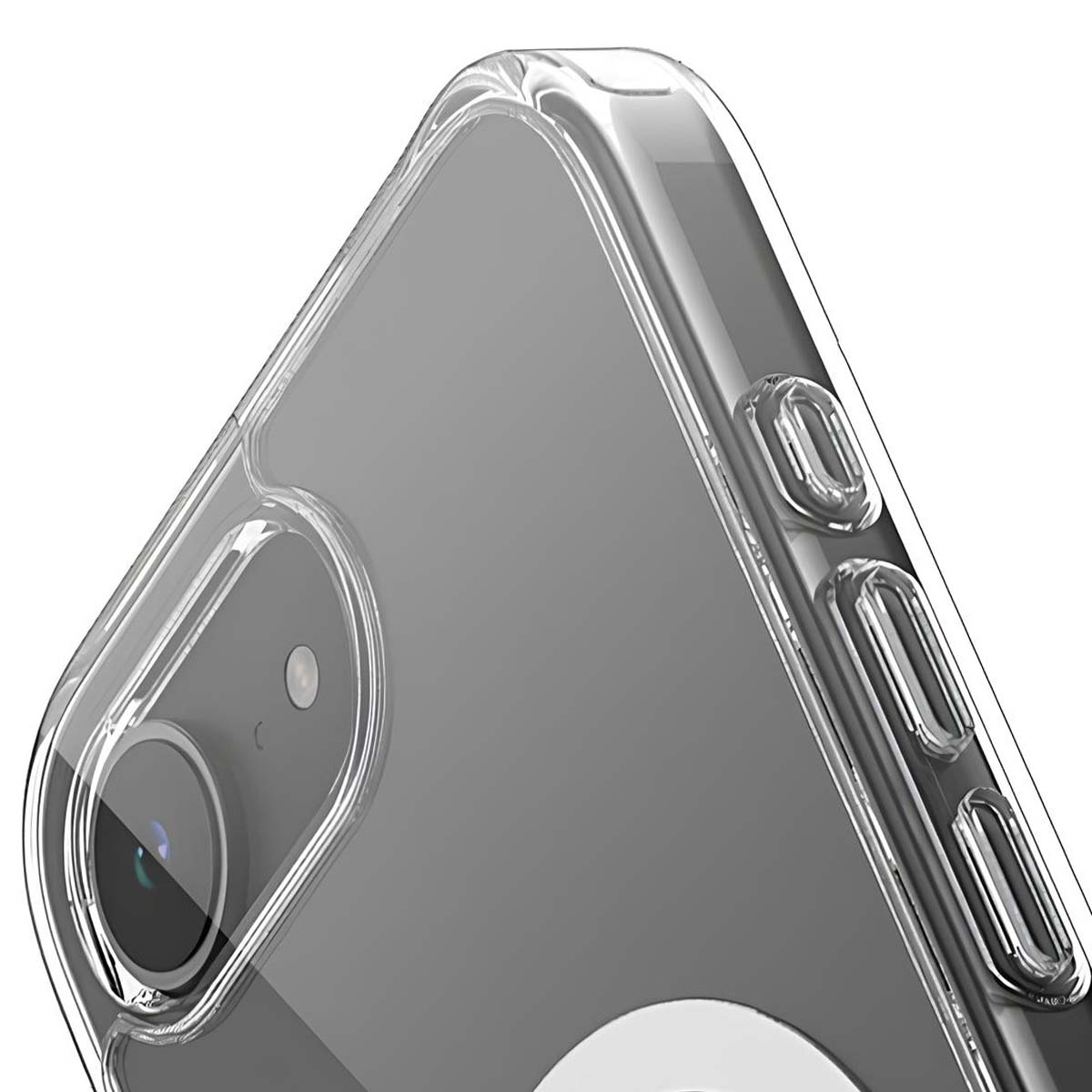 Una custodia trasparente per telefono con obiettivo della fotocamera nero e pulsanti. La custodia è trasparente, mostrando il retro grigio del telefono.