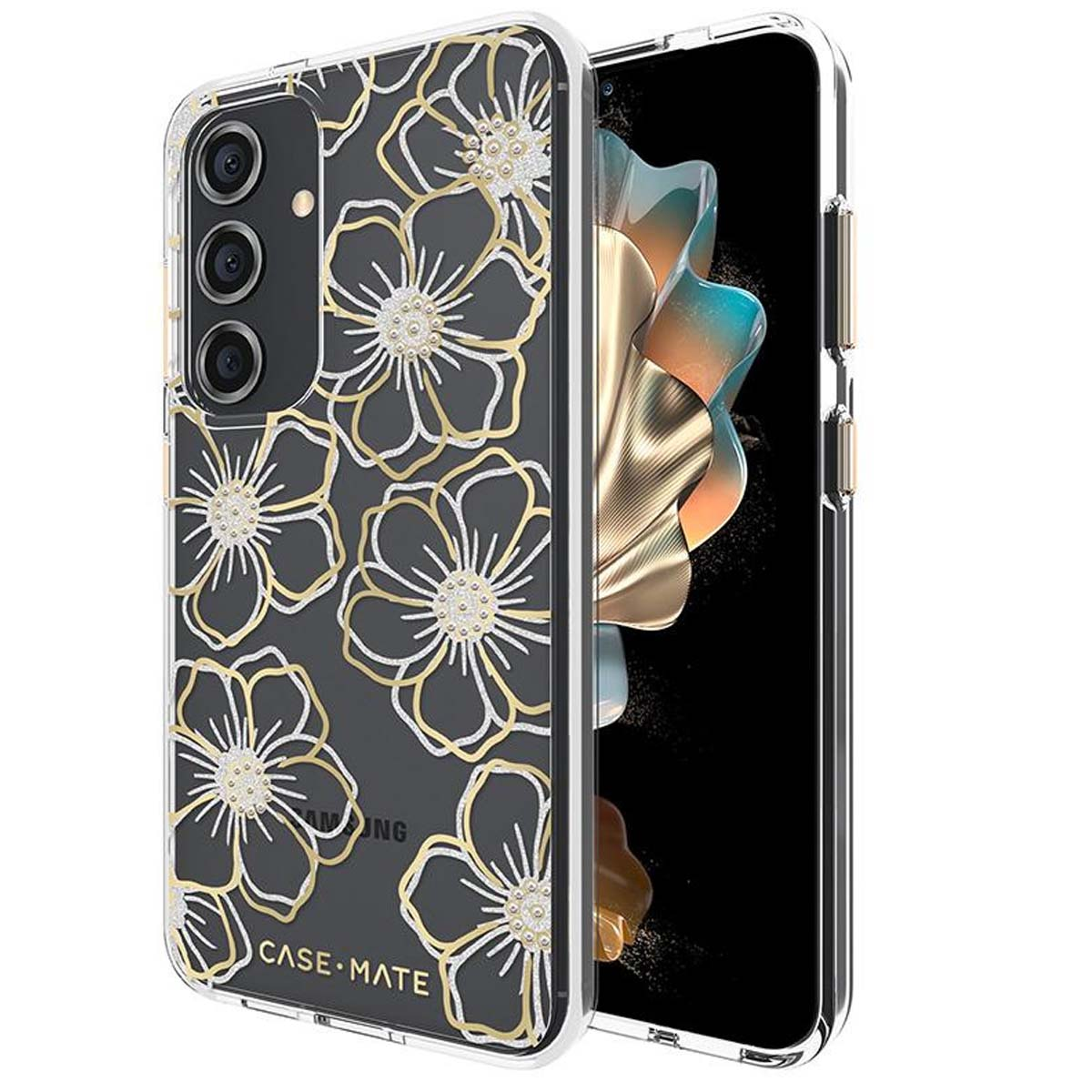 Una custodia per telefono con un design floreale è mostrata. La custodia è trasparente e i fiori sono oro e bianchi. Anche lo schermo è visibile.