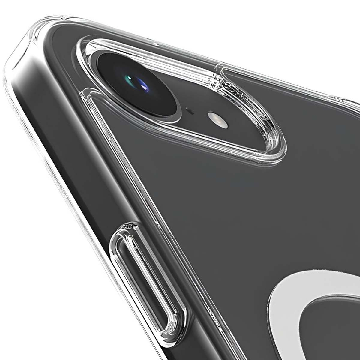 Primo piano di una custodia trasparente per telefono. L'obiettivo della fotocamera è visibile. La custodia ha un design trasparente, mostrando il retro del telefono.