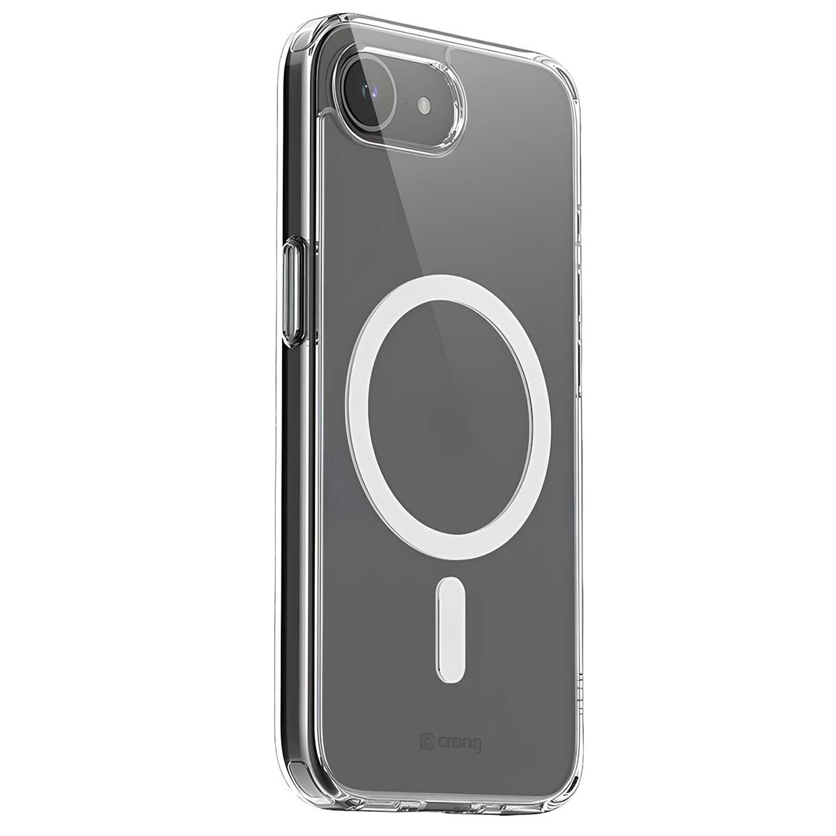 Una custodia trasparente per telefono con un design ad anello e linea bianco. La custodia è intorno a un telefono, con un obiettivo della fotocamera visibile.