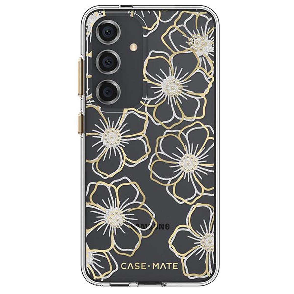 Una cover per smartphone con un design floreale. Contorni dorati e perle su sfondo nero, con il marchio 'CASE MATE'.