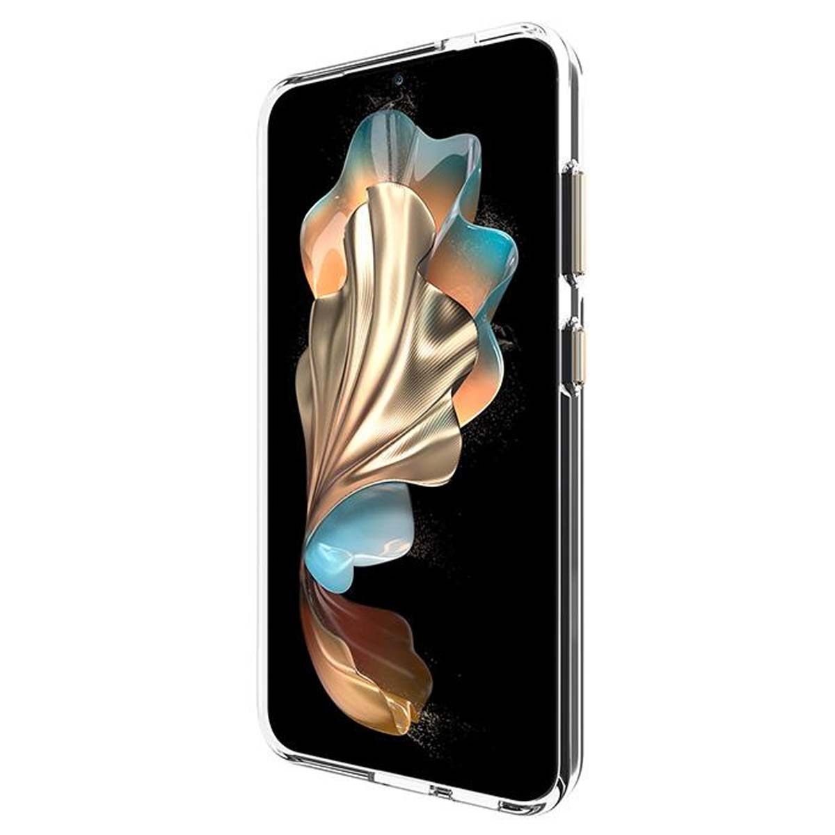 Un telefono in una custodia trasparente. Lo schermo mostra un design artistico oro e blu su sfondo nero.