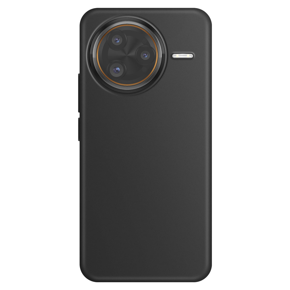Una custodia nera per telefono con fotocamera a tripla lente e flash. Il modulo fotocamera ha un anello d'oro.