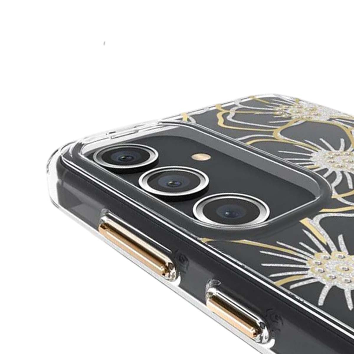 Primo piano di una custodia per telefono con motivo floreale. La custodia è trasparente con fiori dorati e argentati su sfondo scuro.