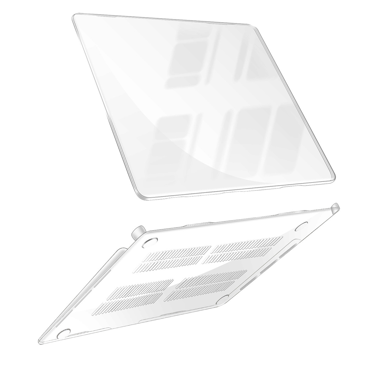 Una custodia trasparente per laptop, superiore e inferiore, leggermente separata. Il fondo ha delle fessure, la parte superiore è liscia.