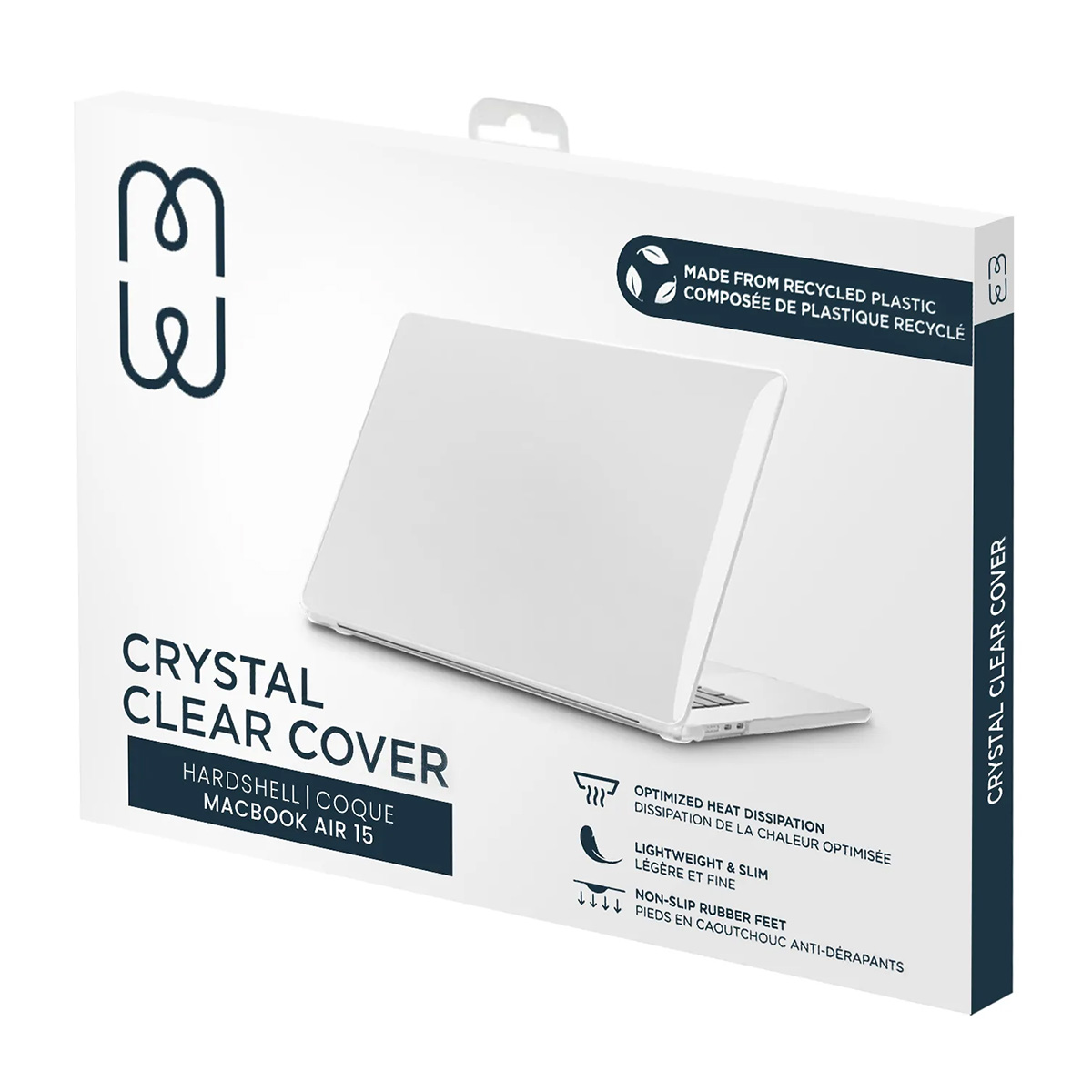 Una scatola bianca mostra una cover trasparente per laptop. Il testo recita 'Crystal Clear Cover' e presenta caratteristiche come la dissipazione del calore e i piedini antiscivolo.