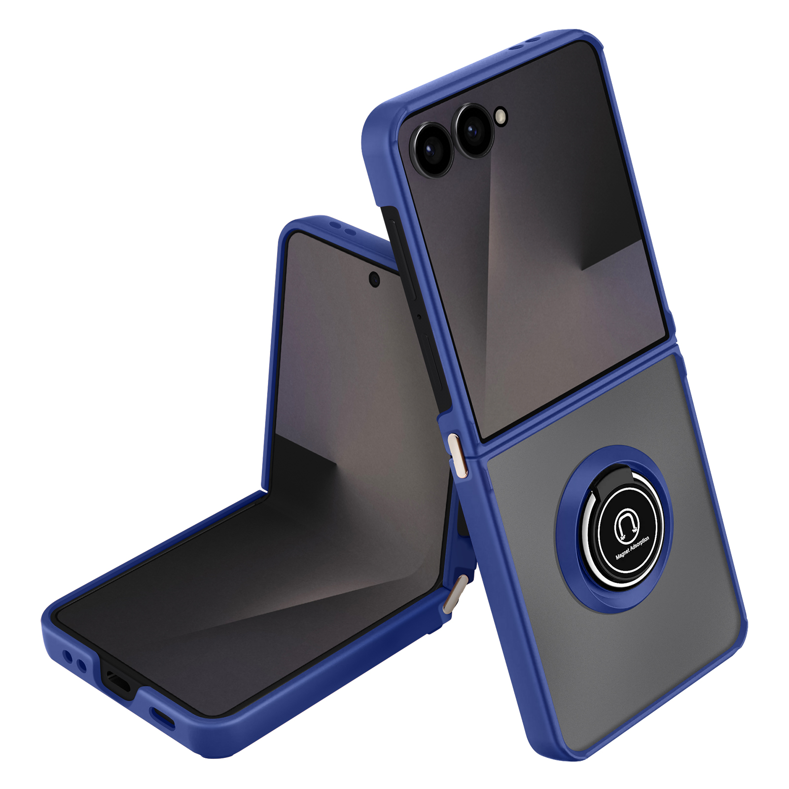 Coque de téléphone bleue avec un support d'anneau. Deux téléphones sont ouverts, dont un partiellement, montrant les écrans.