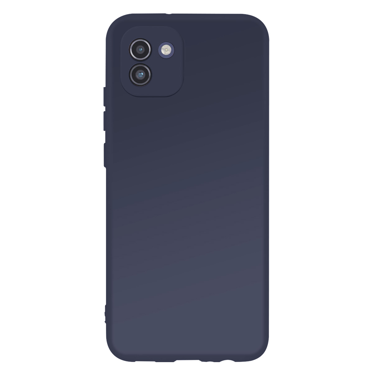 Custodia per telefono blu navy con fori per la fotocamera. I pulsanti sono visibili sul lato. Lo sfondo è bianco.