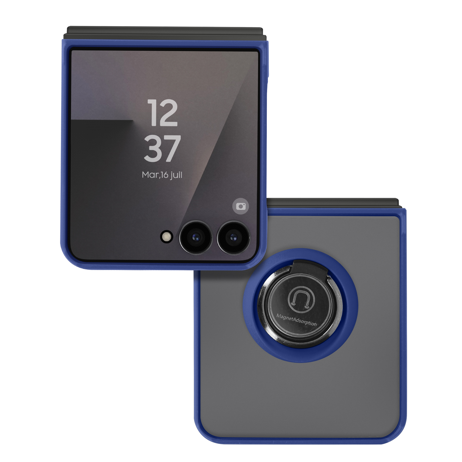 Un étui de téléphone plié avec un cadre bleu, affichant l'heure 12:37. L'arrière a un support d'anneau avec 'MagnetAdsorption'.