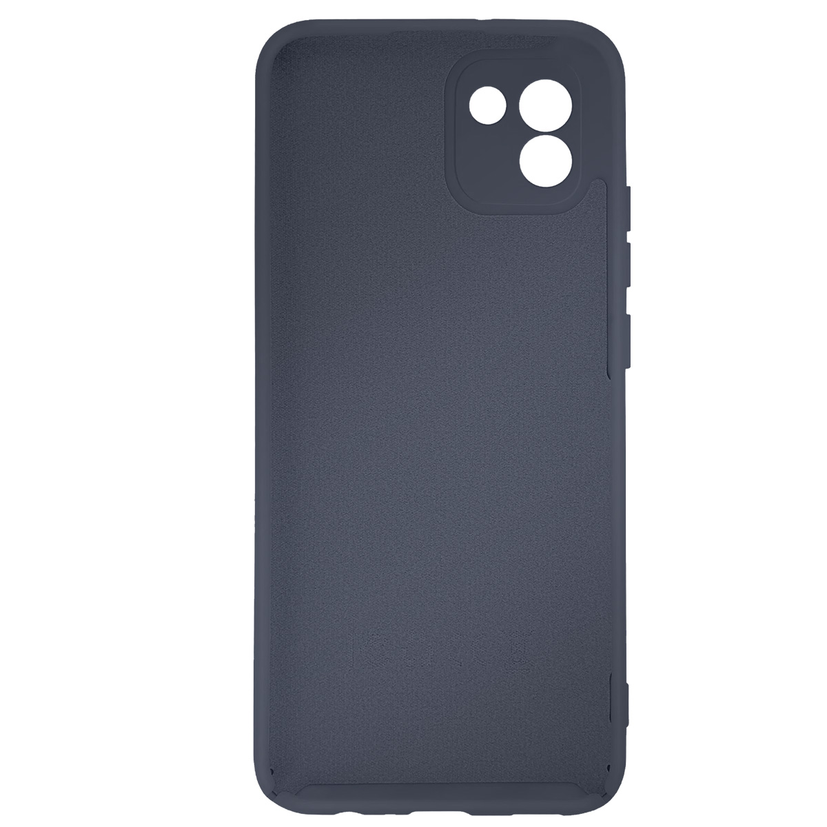 Una custodia per telefono grigio scuro con un ritaglio per la fotocamera e pulsanti laterali, su sfondo bianco.