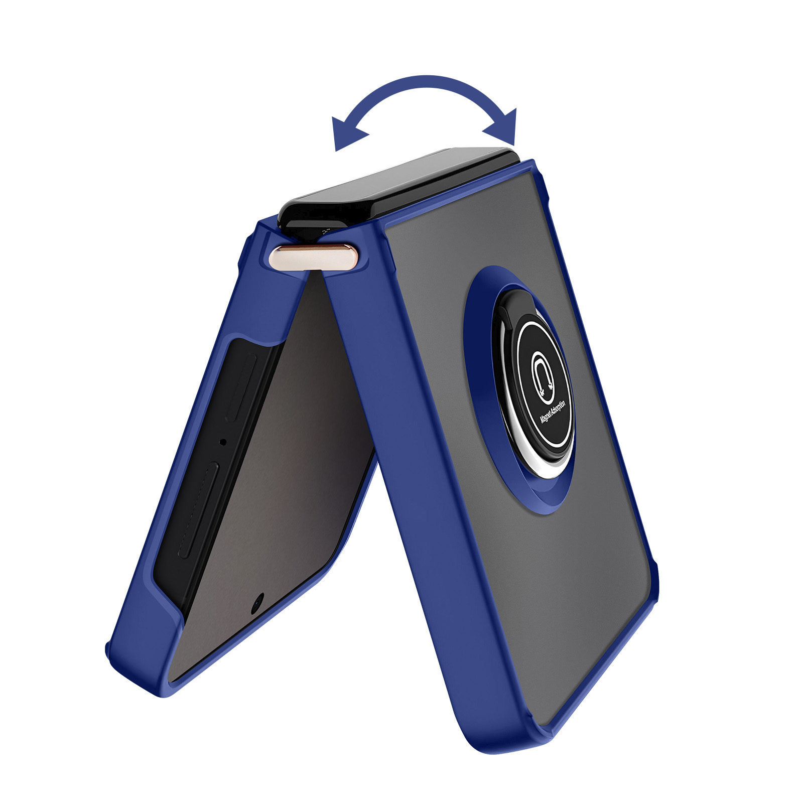 Un étui de téléphone bleu avec un support d'anneau argenté est ouvert. Le téléphone est noir. Une flèche montre l'action d'ouverture.