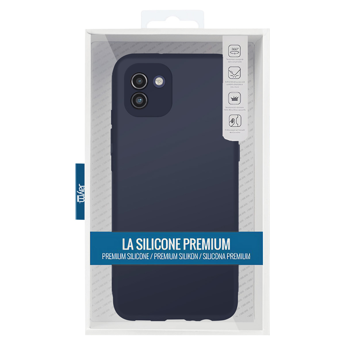 Una custodia per telefono blu scuro in una confezione di plastica trasparente. La custodia ha un ritaglio per la fotocamera. Testo: LA SILICONE PREMIUM.