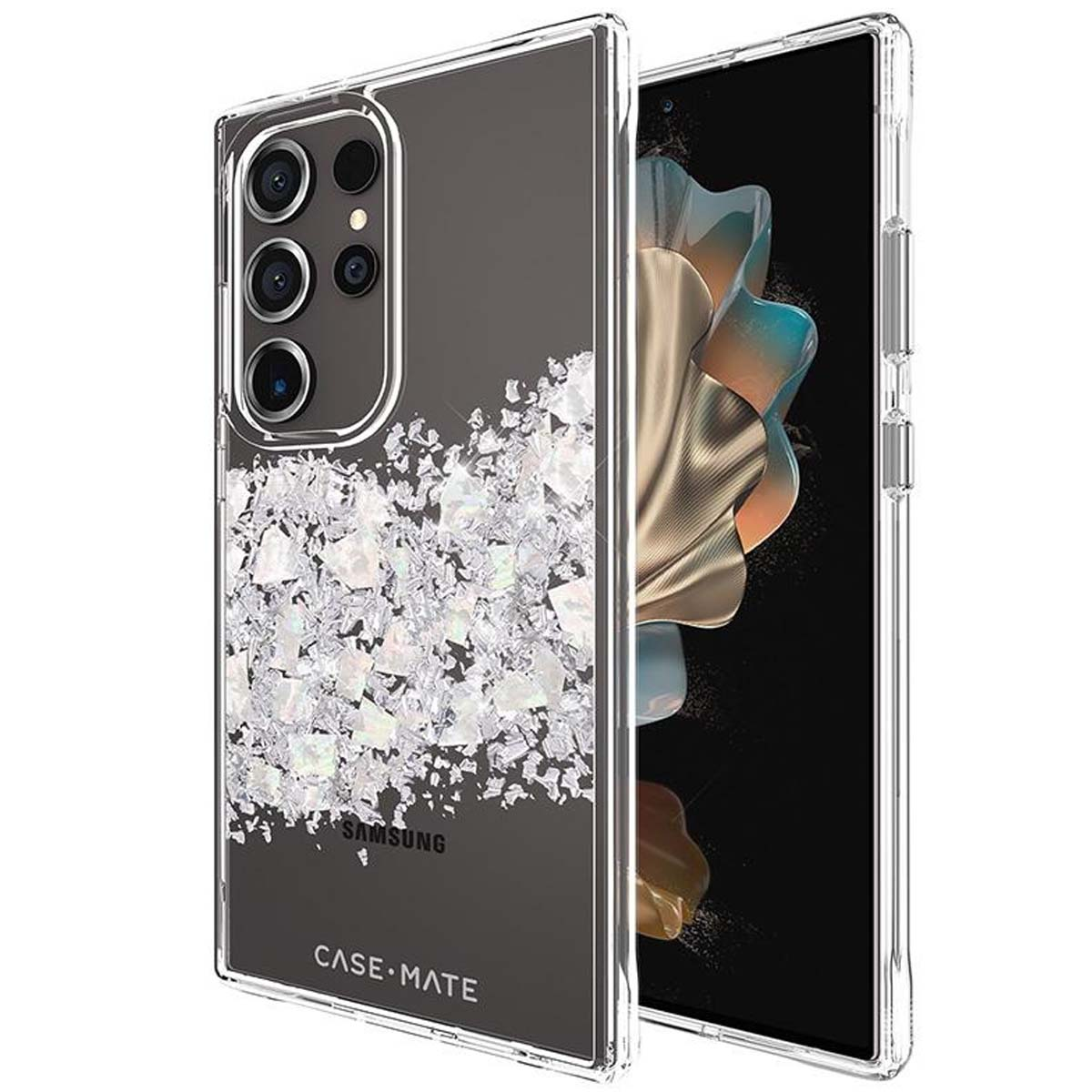 Un telefono in una custodia trasparente con glitter. Il telefono è un Samsung. Case Mate è scritto sulla custodia.