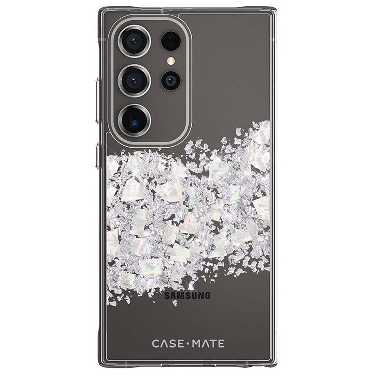 Una custodia per telefono Samsung con sfondo grigio scuro, modulo fotocamera e dettagli glitterati. Il logo Case-Mate è visibile.