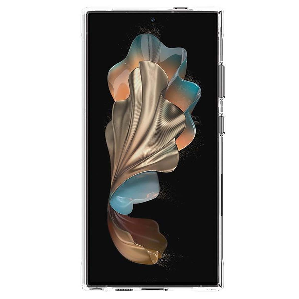 Smartphone in una custodia trasparente. Lo schermo mostra un design astratto di forme dorate, arancioni e blu fluenti su sfondo nero.