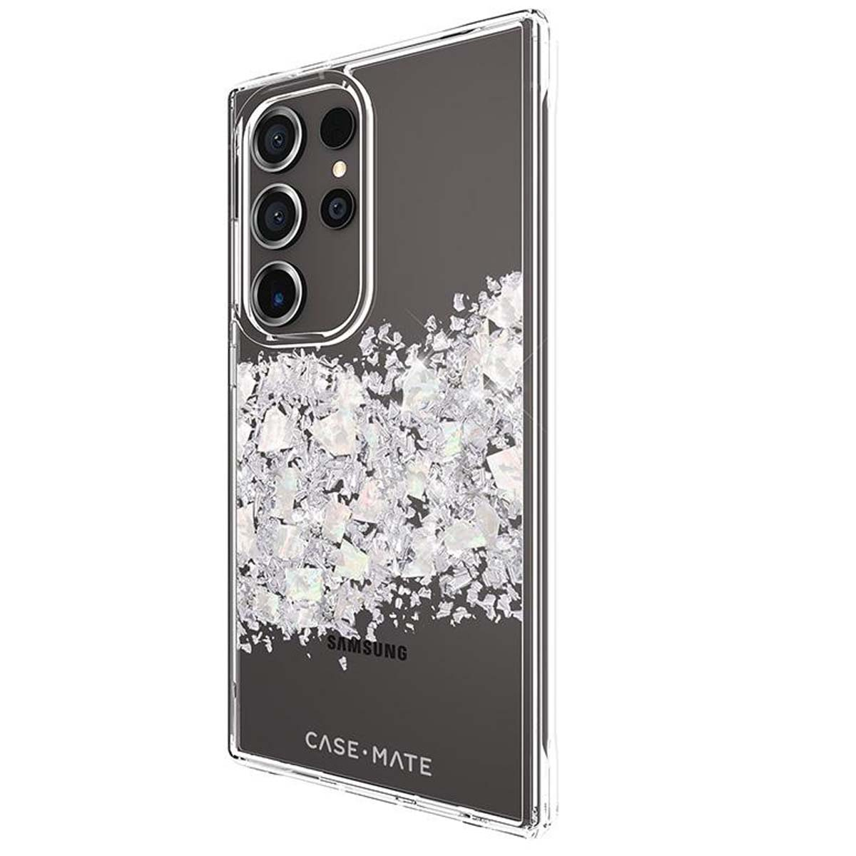 Una custodia per telefono con logo Samsung ed etichetta Case-Mate. La custodia è trasparente con glitter e fori per la fotocamera.