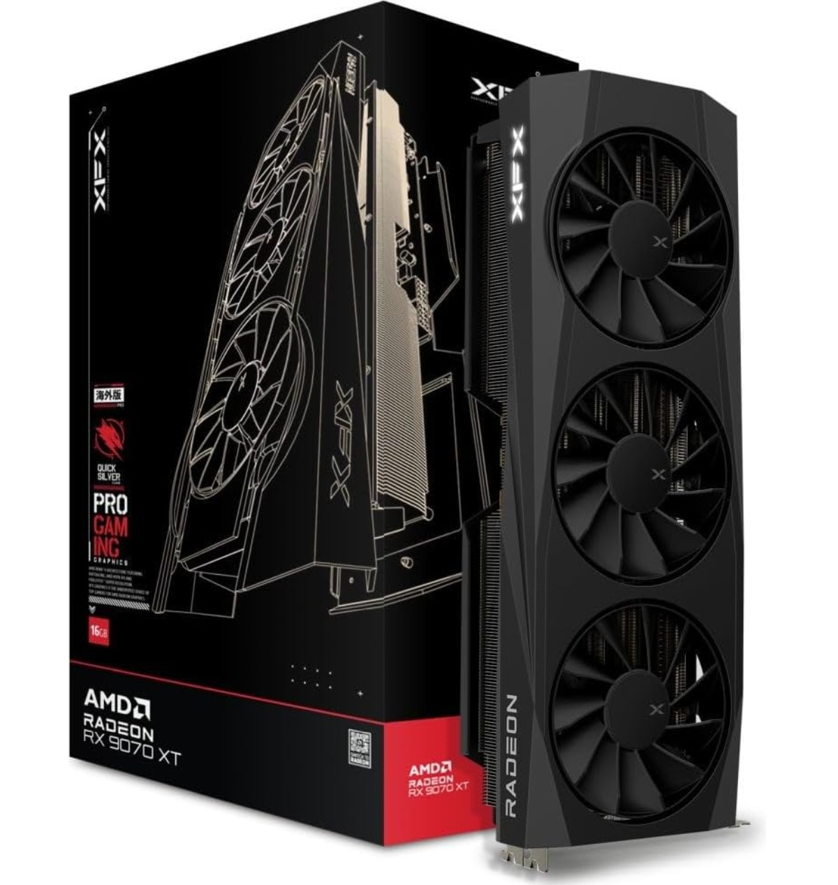 Czarna karta graficzna XFX Radeon RX 9070 XT z trzema wentylatorami i czarnym pudełkiem ze szczegółami marki.