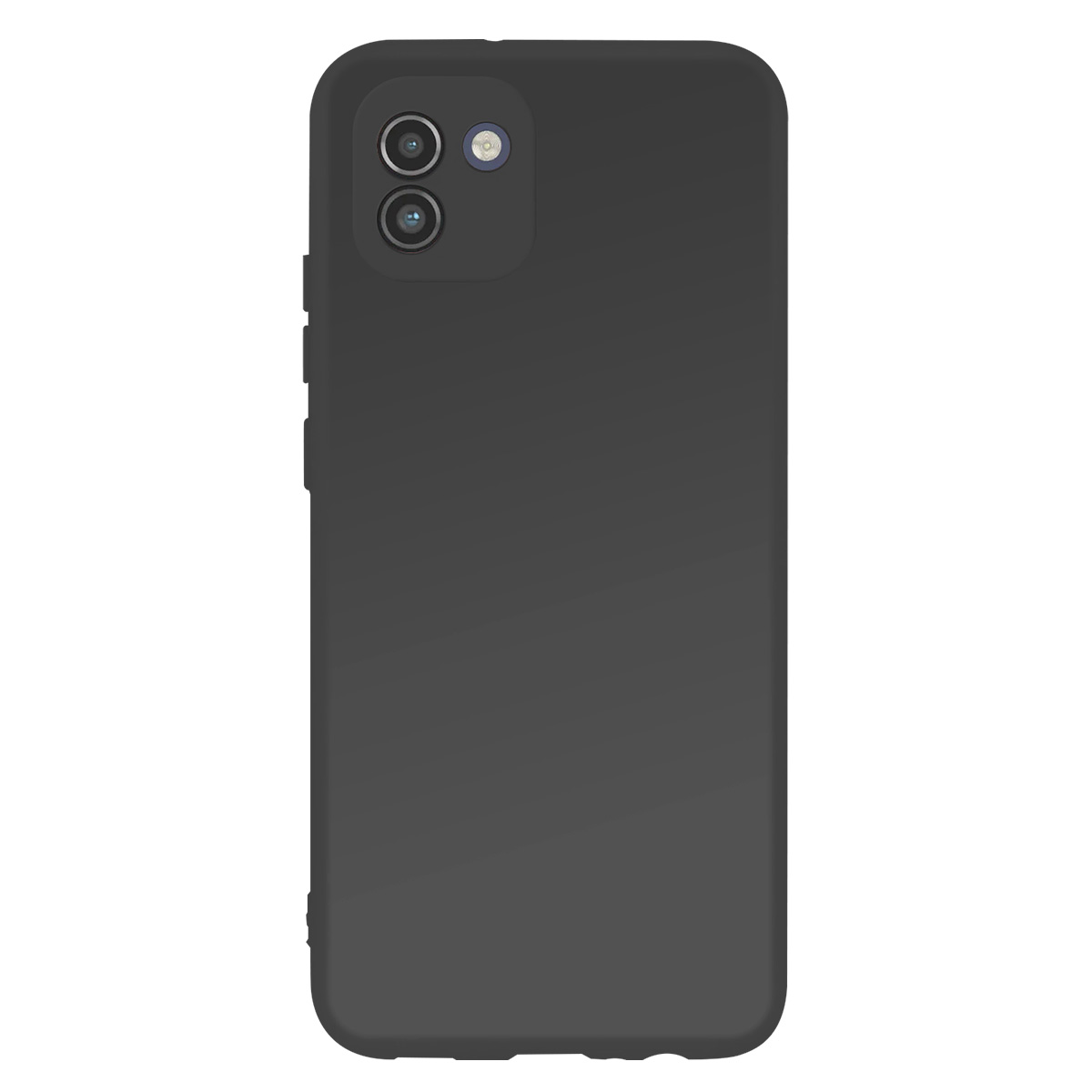 Custodia per telefono nera con modulo fotocamera. Due lenti e un flash sono visibili. La custodia ha i pulsanti del volume laterali.