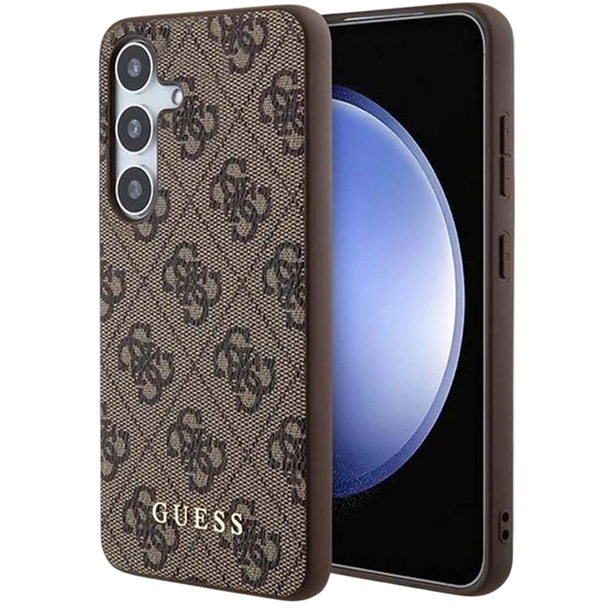 Una custodia per telefono Guess marrone con motivo e logo Guess. Lo schermo del telefono è visibile con una sfumatura blu.
